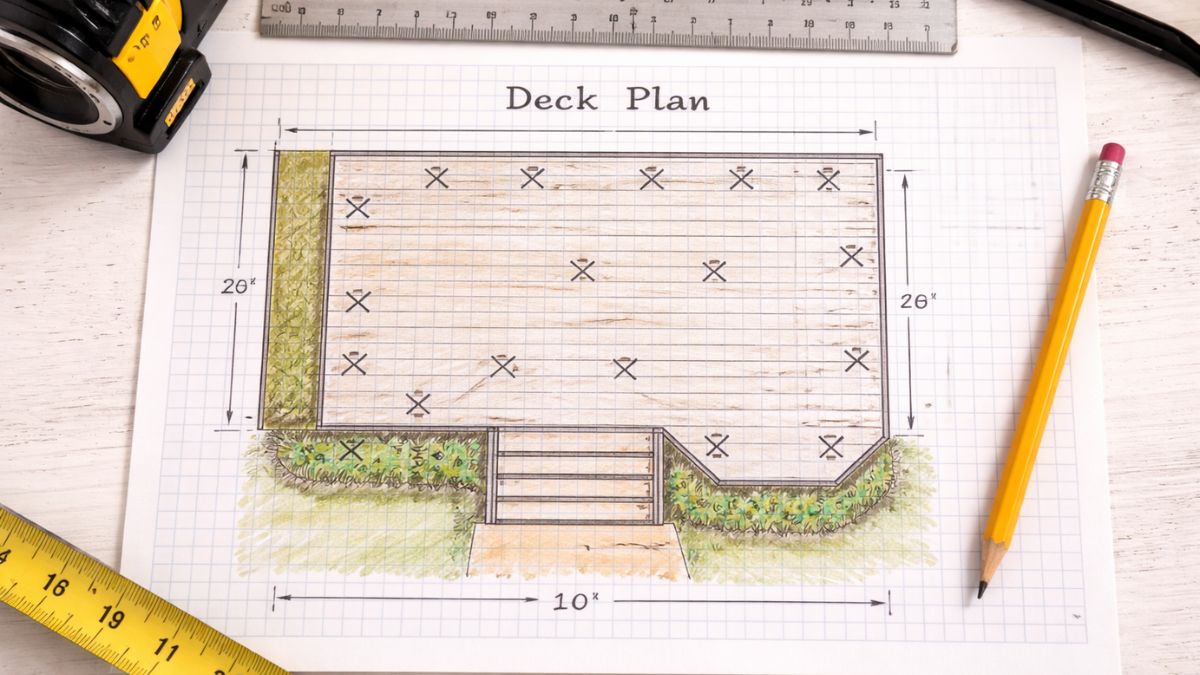 Deck design plan drawn on graph paper with measurements and footing layout