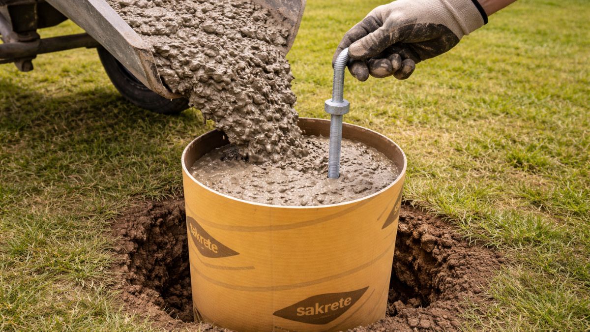 Concrete being poured into tube form footing with post anchor bolt being set