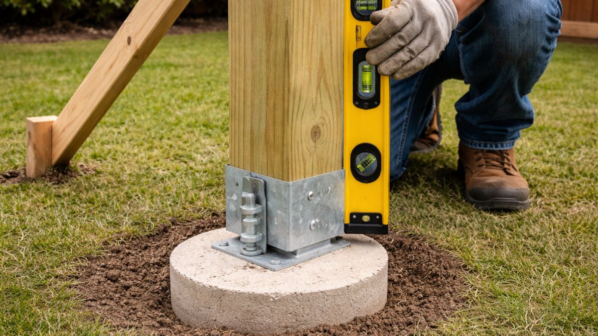 Pressure treated deck post being set in post base on concrete footing with level check