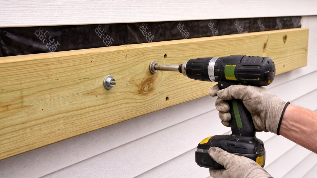 Deck ledger board being lag bolted to house rim joist with flashing tape visible above