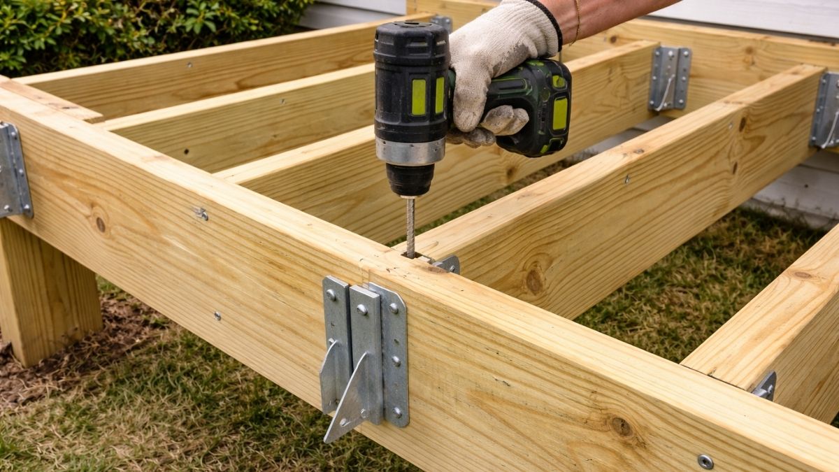 Deck joist frame being assembled with joist hangers and pressure treated lumber