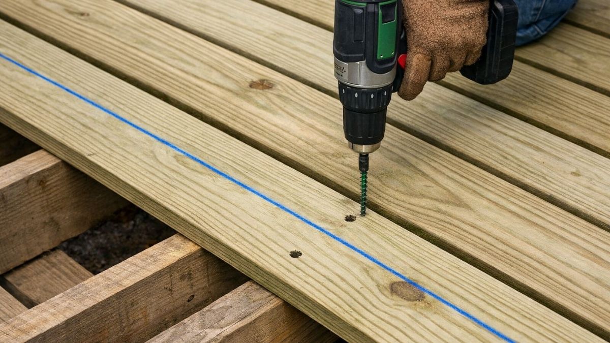 Pressure treated deck boards being screwed down to joists with consistent spacing