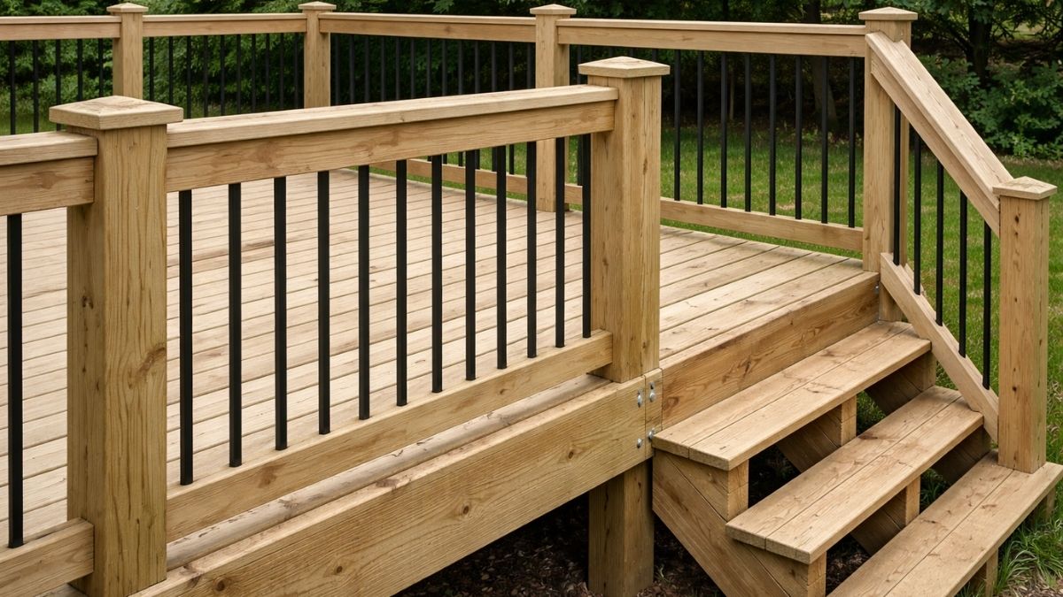 Deck railing posts being installed with through-bolts and balusters being spaced