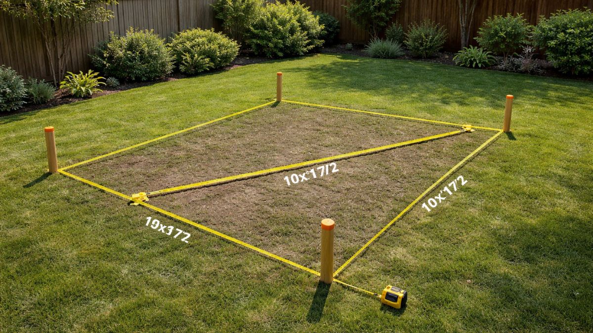 Pergola post locations marked with stakes and string line in backyard, tape measure checking square diagonal