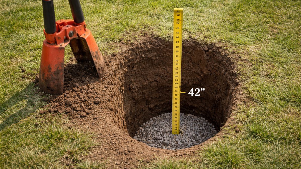 Post hole being dug with clamshell digger for pergola footing, gravel visible at bottom of hole