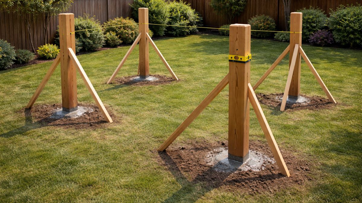 Four pergola posts set in concrete with diagonal 2x4 temporary bracing holding them plumb