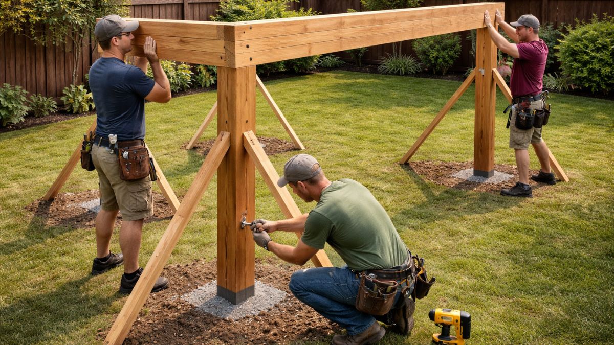 Two workers lifting double 2x8 beam into position on pergola posts while third worker drives carriage bolts