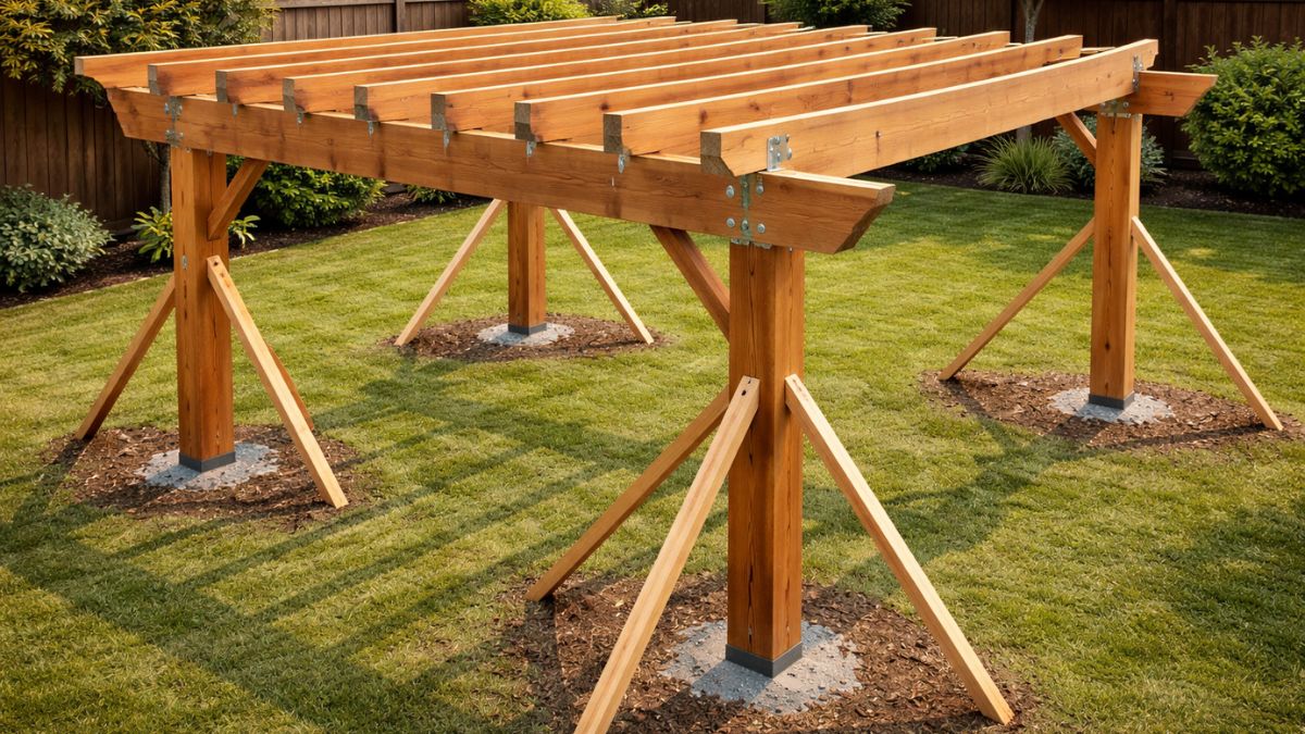 2x6 rafters being installed across pergola beams with hurricane ties at consistent spacing