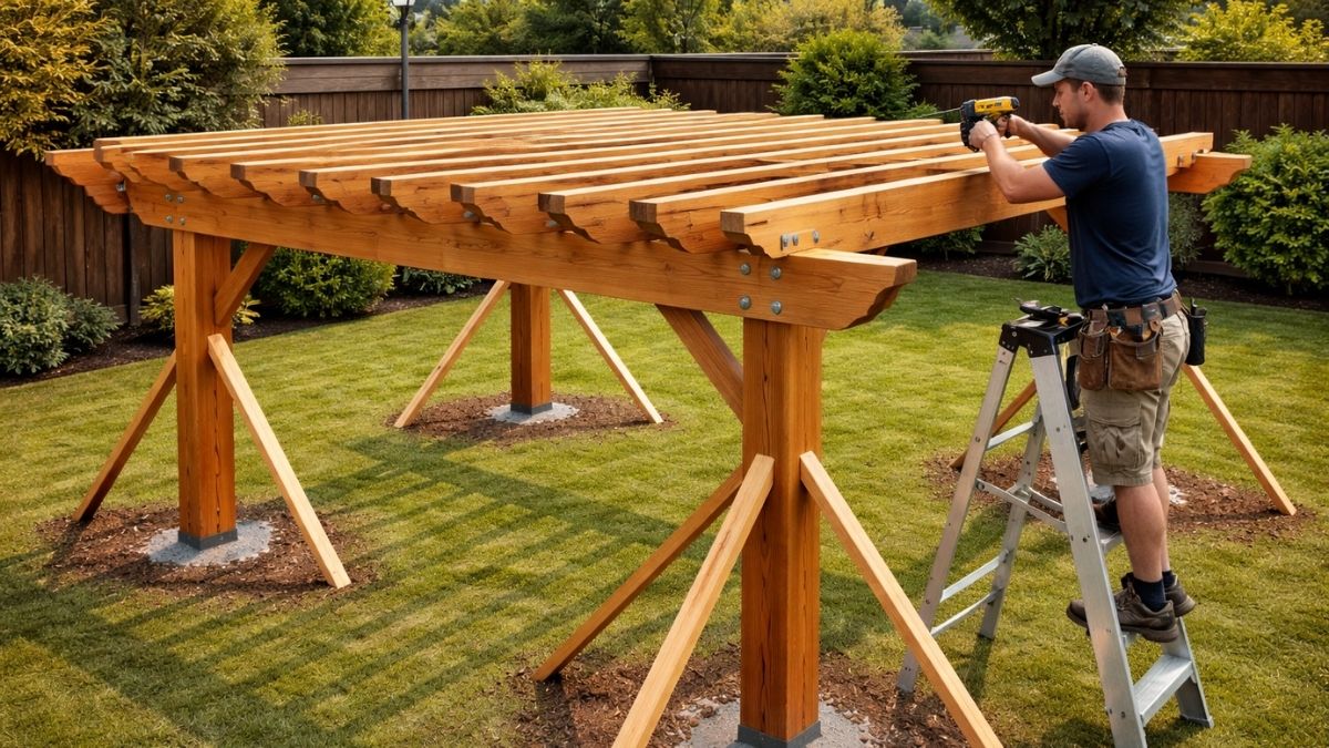 2x4 purlins being installed on top of pergola rafters with decorative curved tail cuts visible at ends