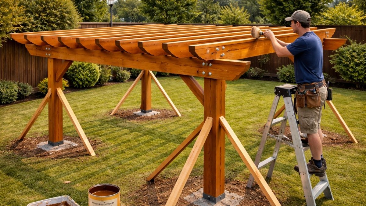 Cedar pergola being stained with semi-transparent exterior stain using a brush, all members being coated