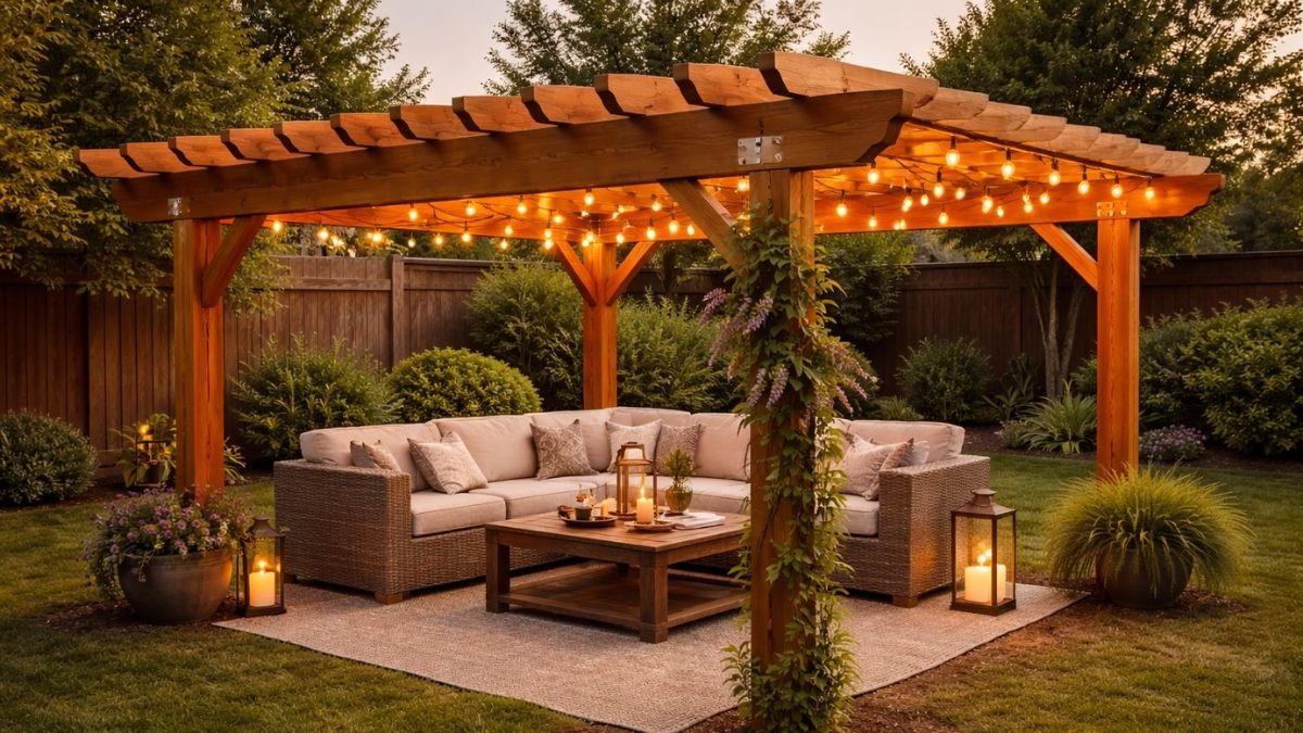 Finished cedar pergola with string lights, climbing roses beginning to grow up posts, outdoor furniture underneath