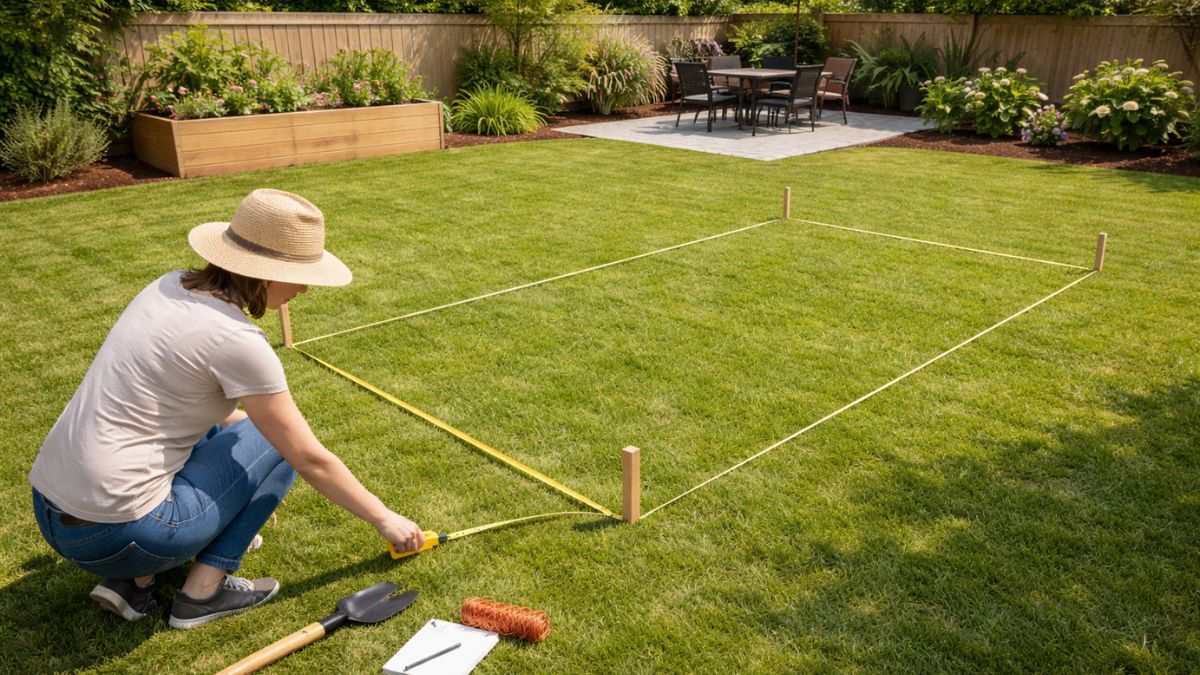 Sunny backyard garden area being evaluated for raised bed placement with string line marking