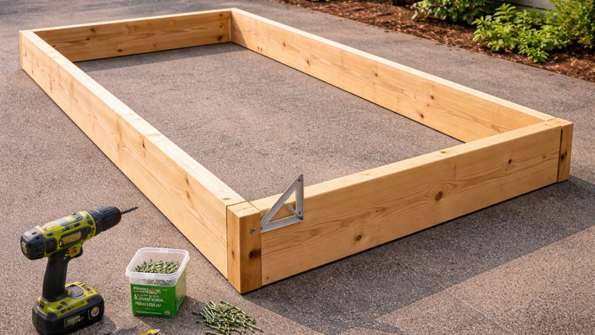Cedar raised garden bed frame being assembled with drill and exterior screws on driveway