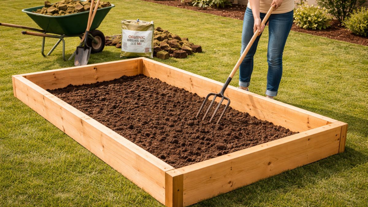 Garden fork loosening native soil inside raised bed footprint before filling