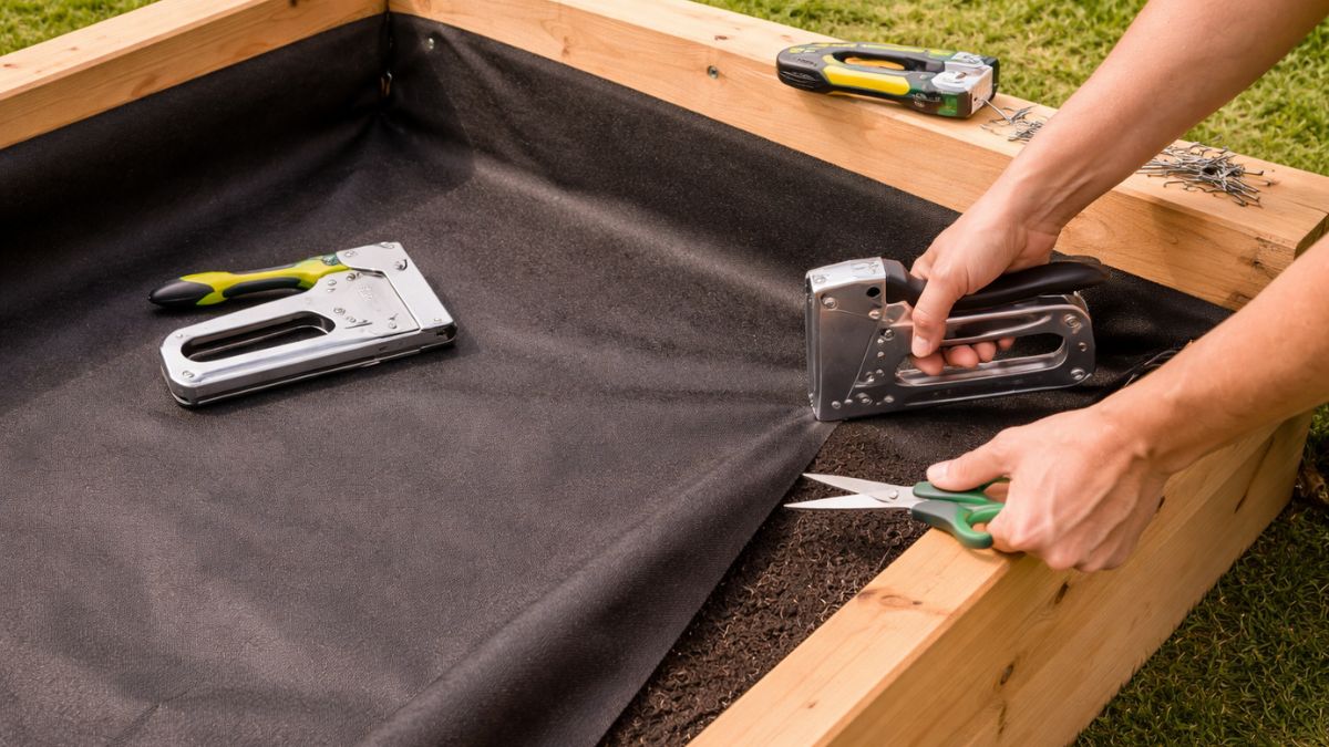 Landscape fabric being stapled to inside bottom of cedar raised garden bed frame