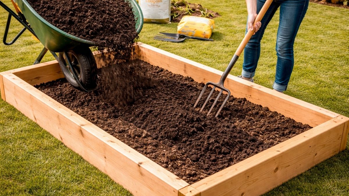 Compost and topsoil being mixed and filled into cedar raised garden bed with garden fork