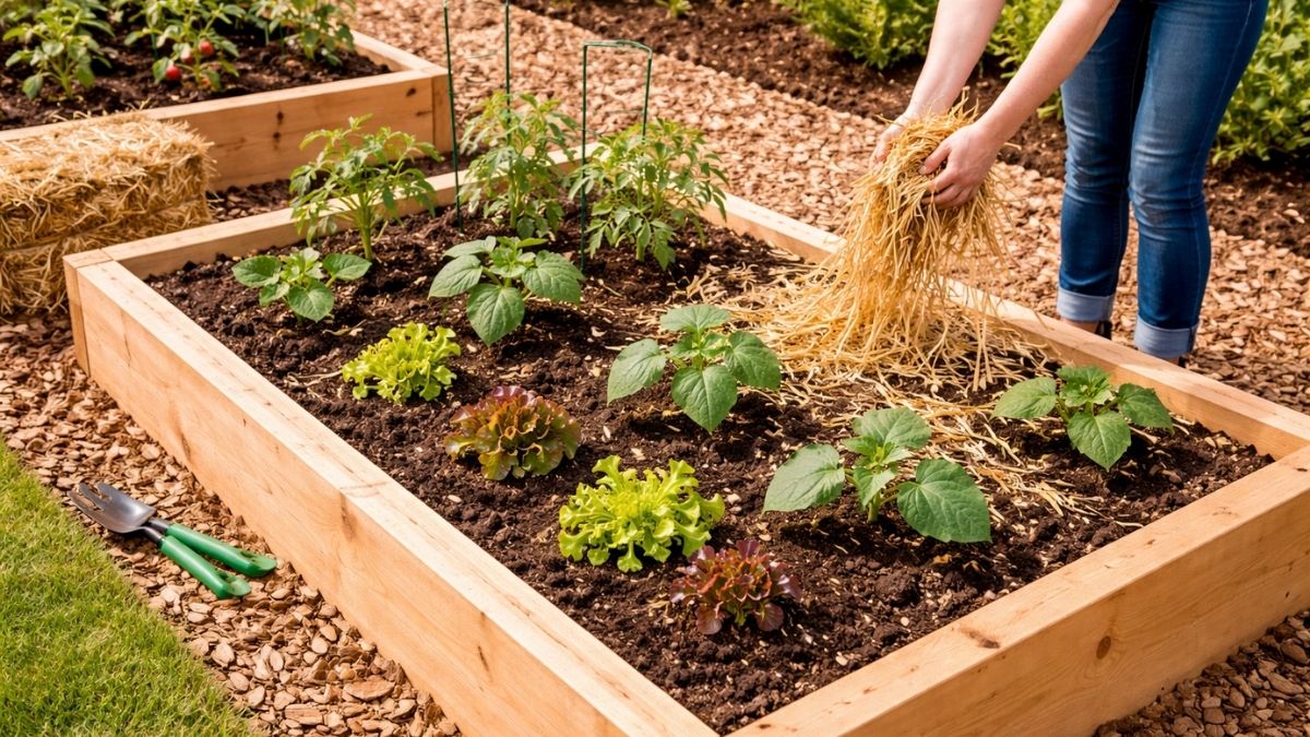 Straw mulch being spread between vegetable plants in filled raised garden bed