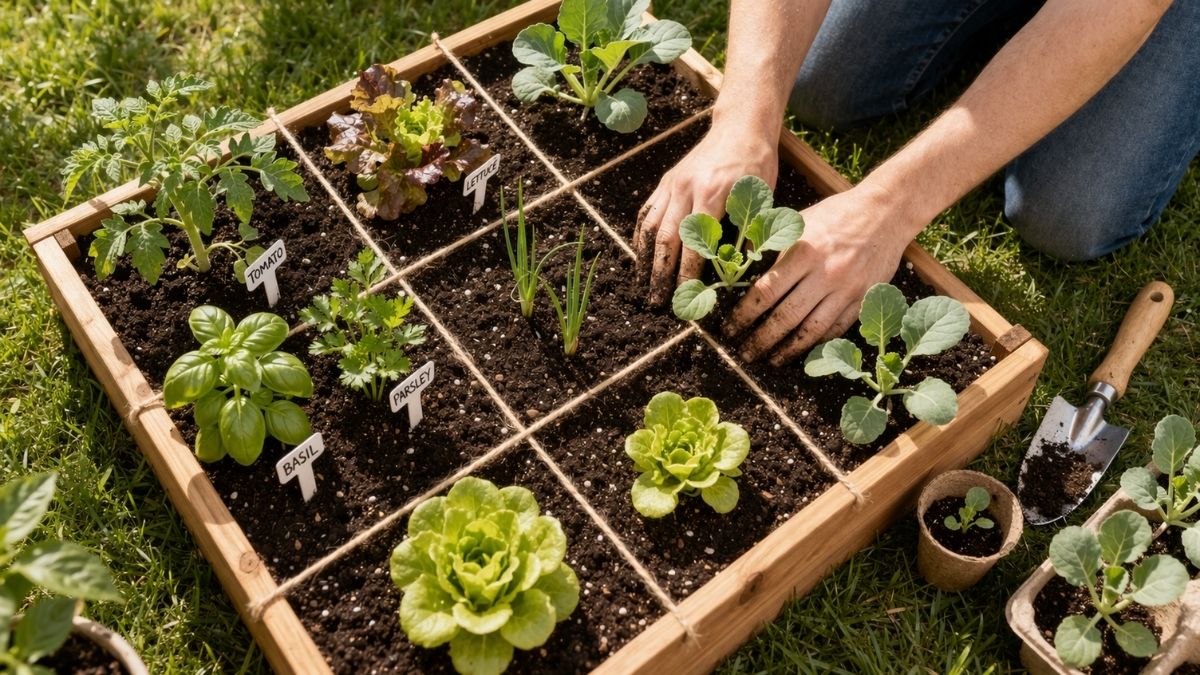 Vegetable seedlings being planted in filled raised garden bed with square foot grid layout