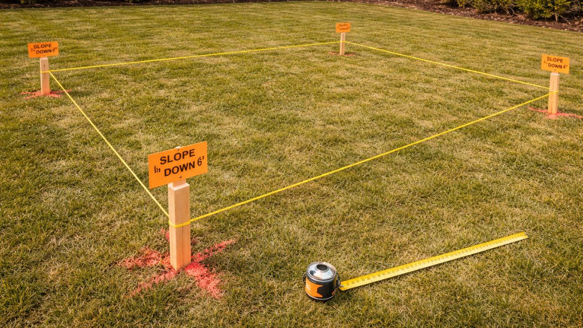 Paver patio layout with stakes and mason's string line establishing square perimeter with slope markers
