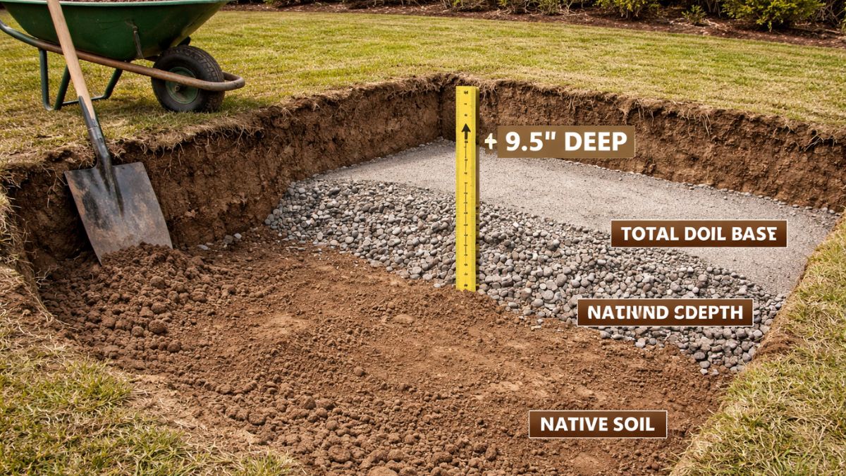 Excavated paver patio area showing correct depth with gravel and measuring tape marking excavation depth