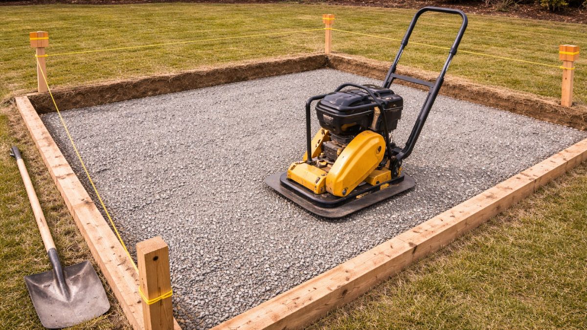 Plate compactor compacting gravel base layer inside paver patio excavation area