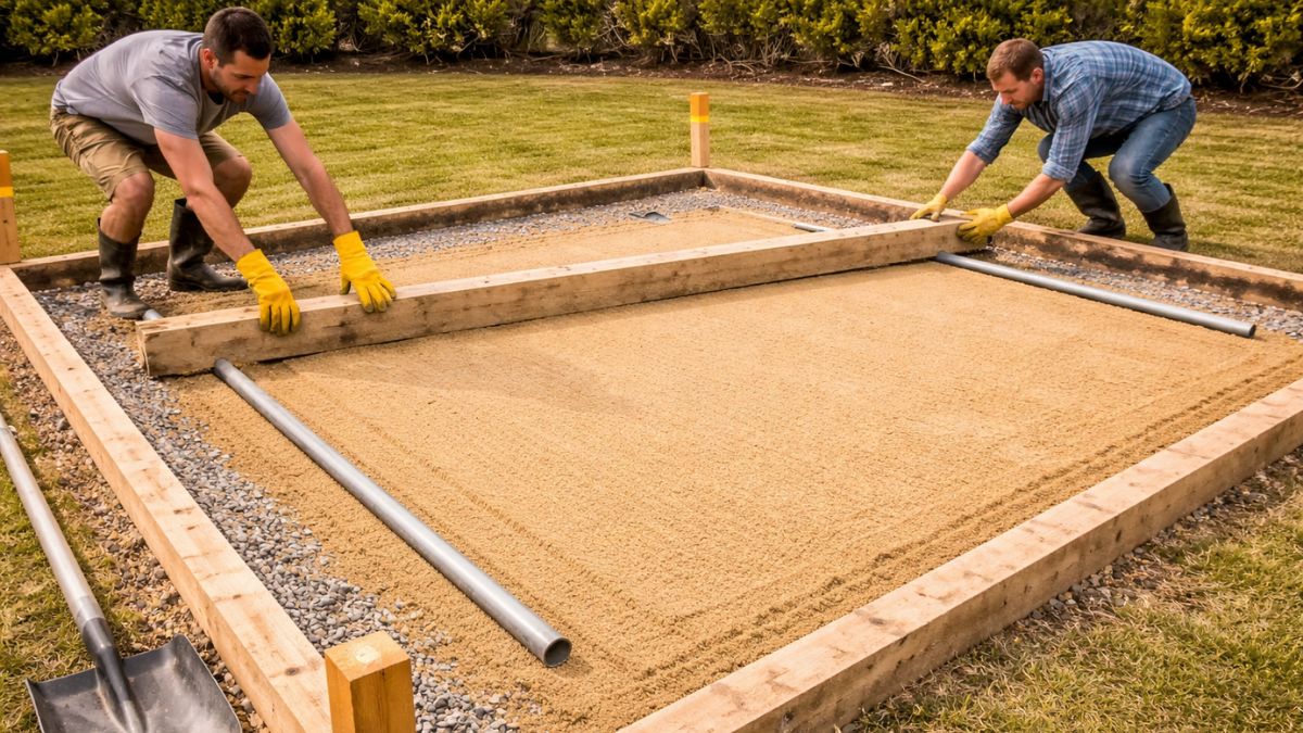 Sand bedding layer being screeded level across paver patio area using steel pipe rails and 2x4 screed board