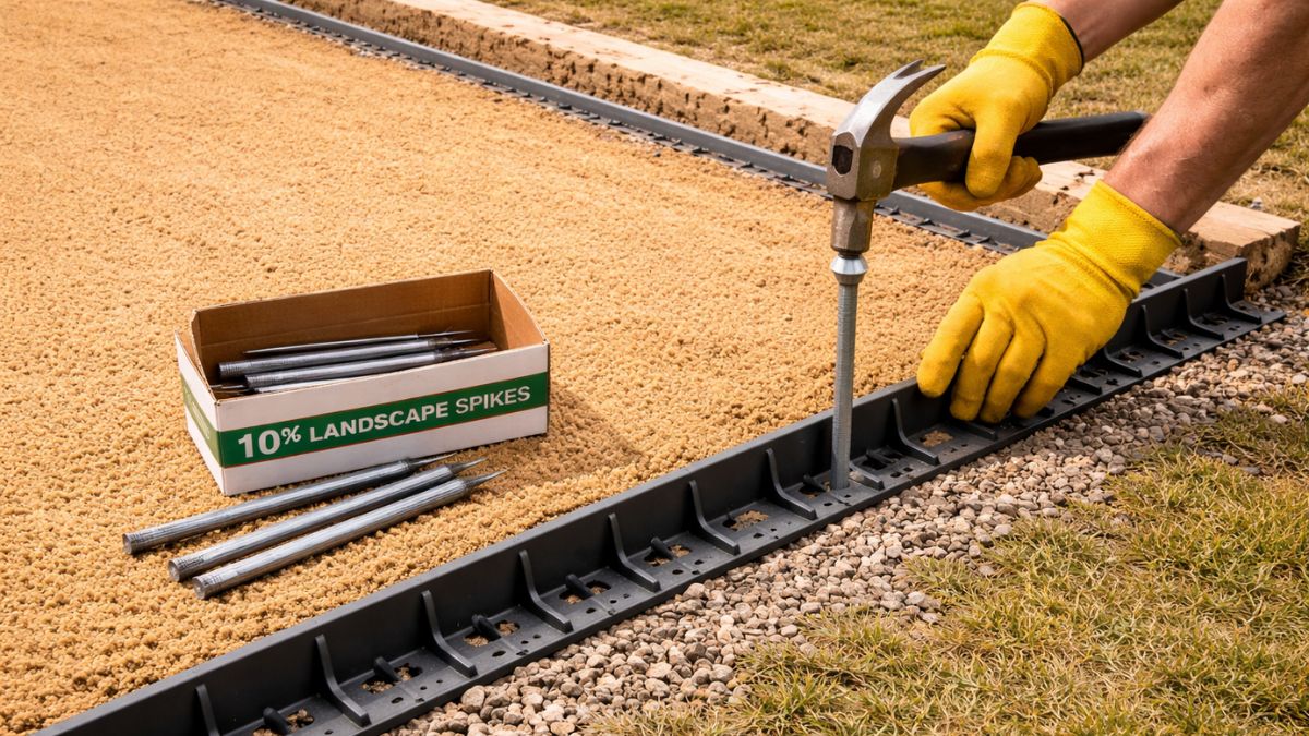Plastic paver edge restraint being spiked into gravel base along patio perimeter