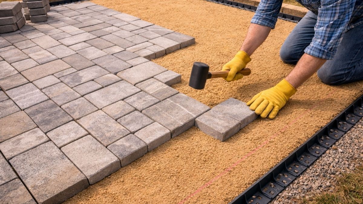 Worker placing concrete pavers in running bond pattern on screeded sand bedding layer
