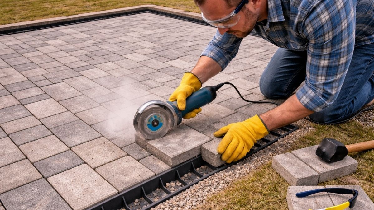Angle grinder with diamond blade cutting concrete paver to fit edge of patio