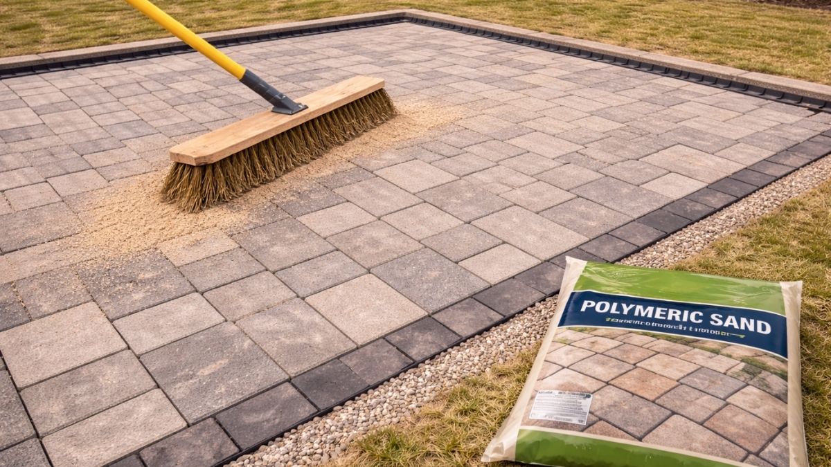 Polymeric sand being swept into paver joints with push broom after plate compactor pass
