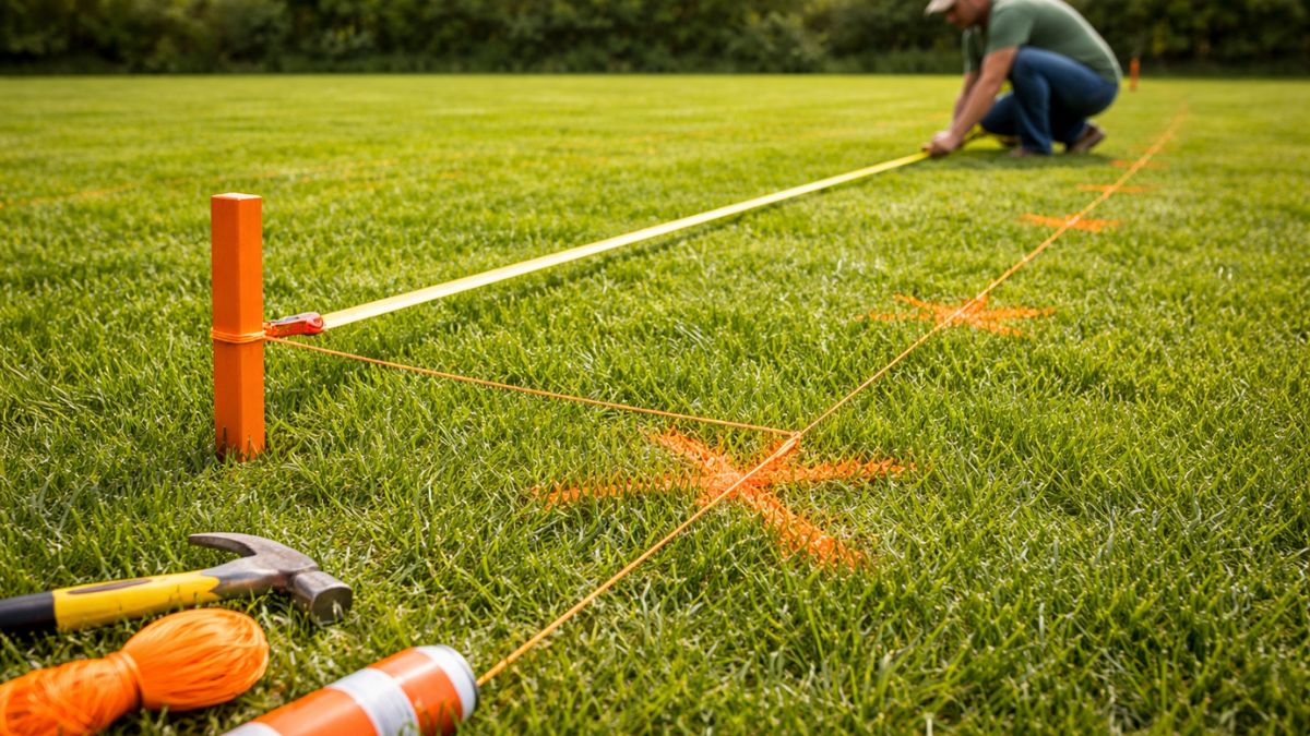 Vinyl fence layout with stakes and string line marking fence line along property, measuring tape and spray paint marking post locations