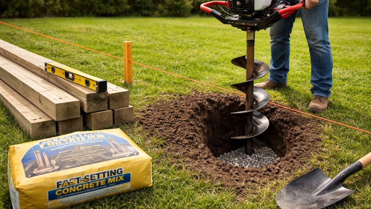 Power auger boring post holes along fence line with gravel bags and post materials staged nearby
