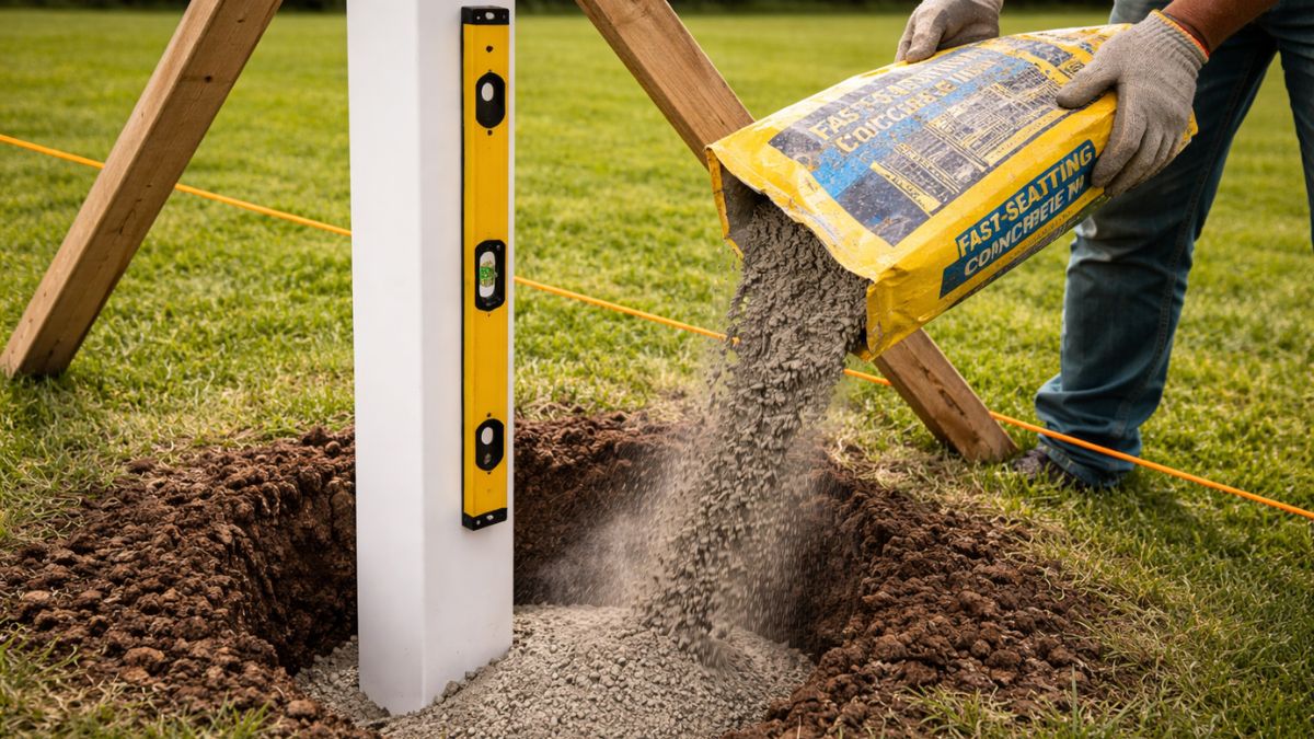 Vinyl fence post being held plumb with level while dry concrete is poured into hole around it