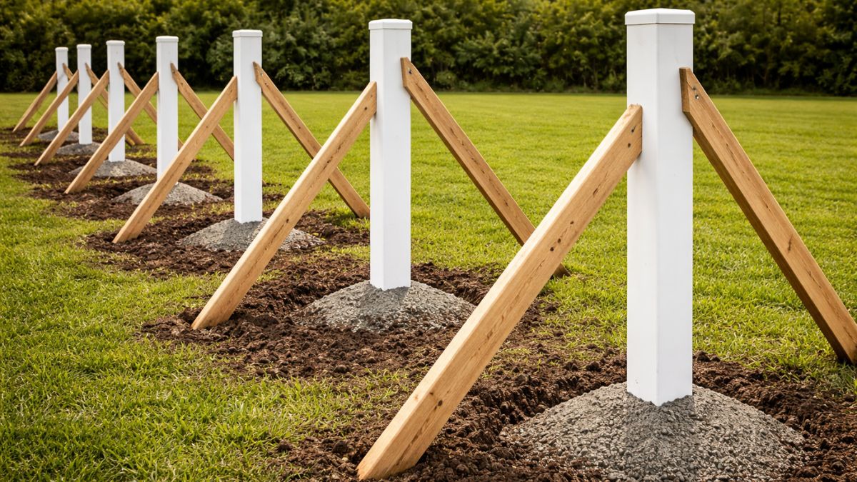 Row of vinyl fence posts set in concrete with 2x4 diagonal braces holding them plumb, concrete freshly poured