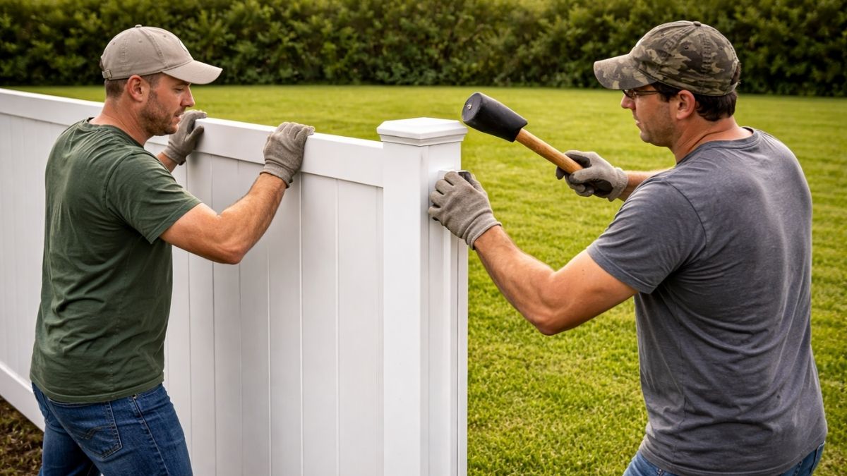 Pre-assembled vinyl fence privacy panel being slid into post channels by two workers, post cap being installed