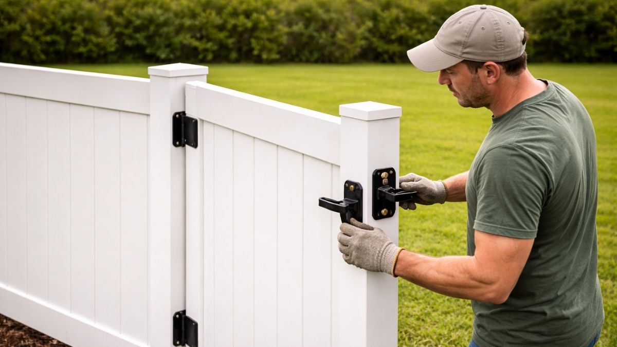 Vinyl fence walk gate being hung on hinges attached to gate post, worker checking level and swing clearance