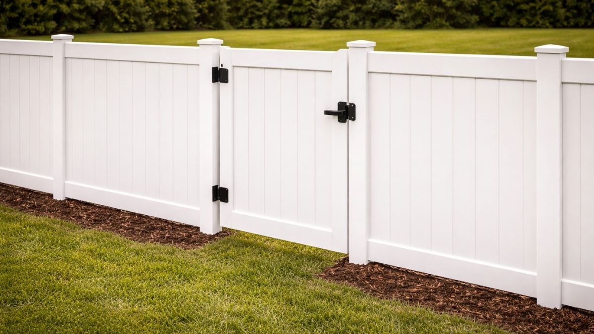 Completed white vinyl privacy fence with post caps installed, gate closed and latched, clean backyard behind it