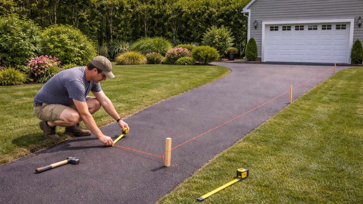 Homeowner measuring and marking gravel driveway path with stakes and string line