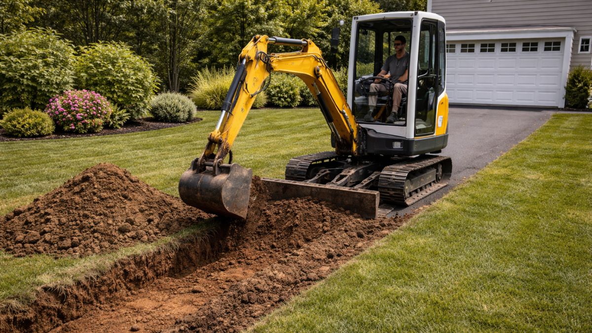 Mini excavator digging out driveway path for gravel installation