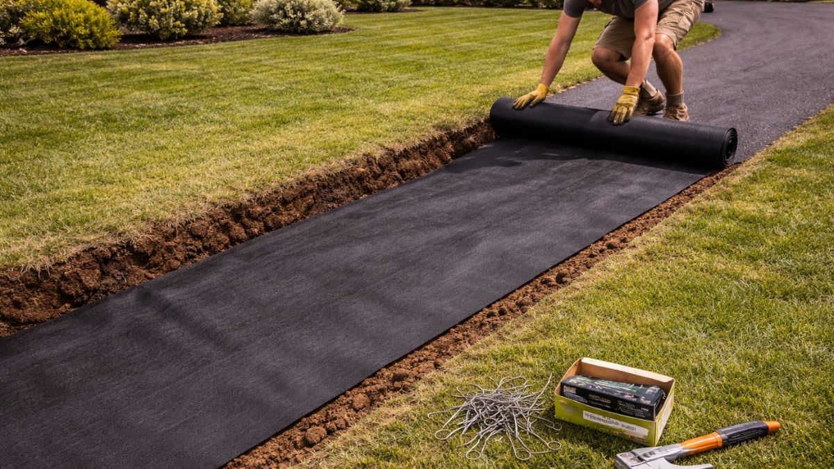 Rolling out black geotextile landscape fabric in excavated driveway trench