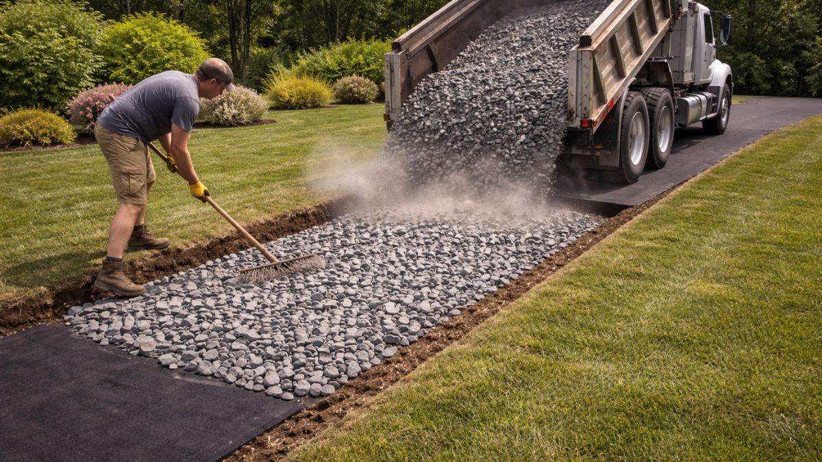 Dump truck delivering and spreading crushed stone base layer for gravel driveway
