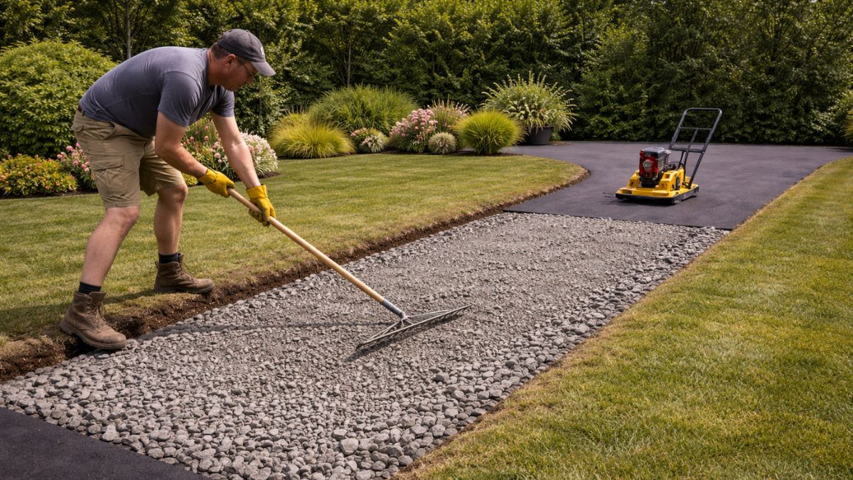 Raking and leveling gravel middle layer with plate compactor in background
