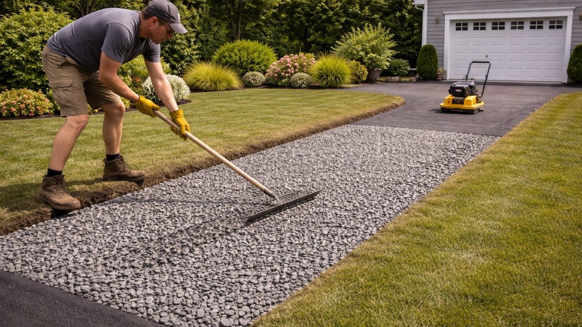 Spreading and raking top surface gravel layer with plate compactor nearby
