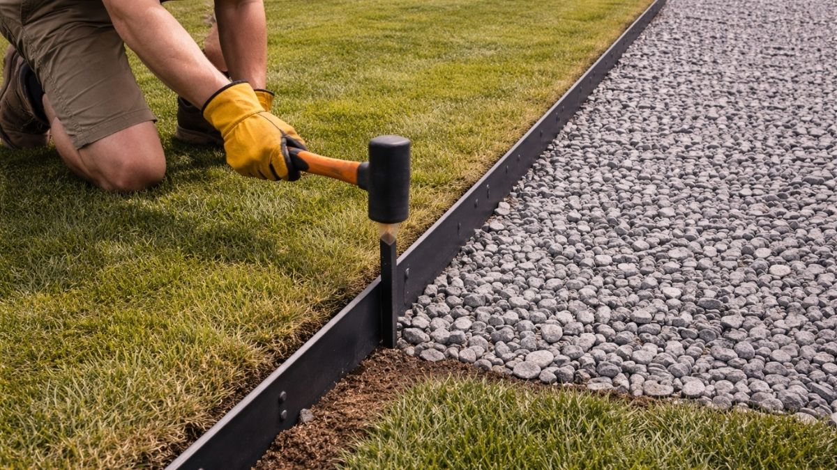 Installing metal landscape edging along gravel driveway with rubber mallet