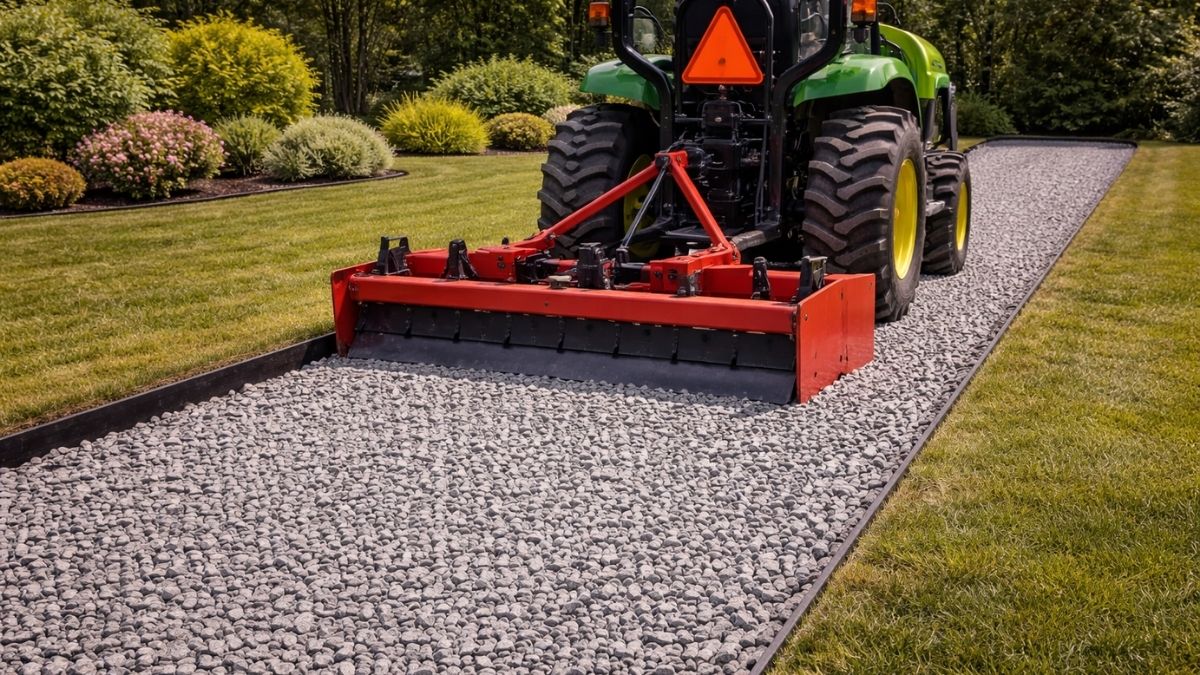 Tractor with box grader attachment leveling and grading finished gravel driveway