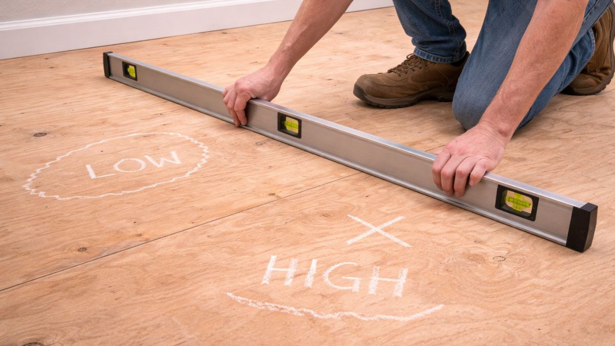 Checking subfloor flatness with long level before LVP installation