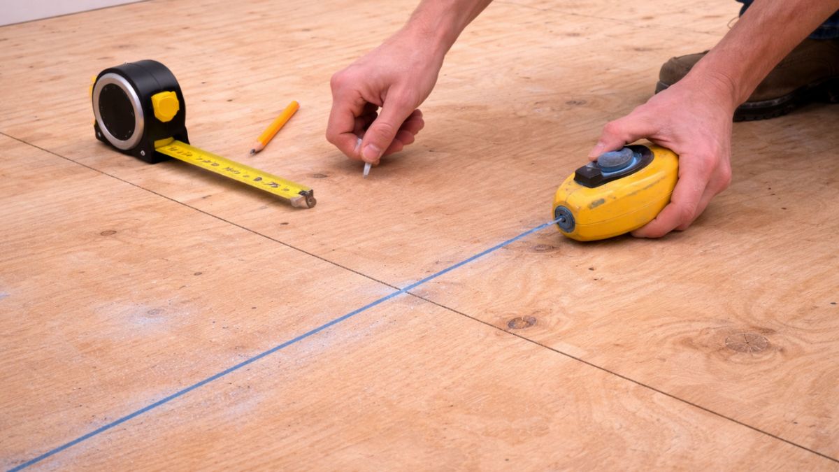 Measuring and marking chalk line on subfloor for LVP plank layout direction