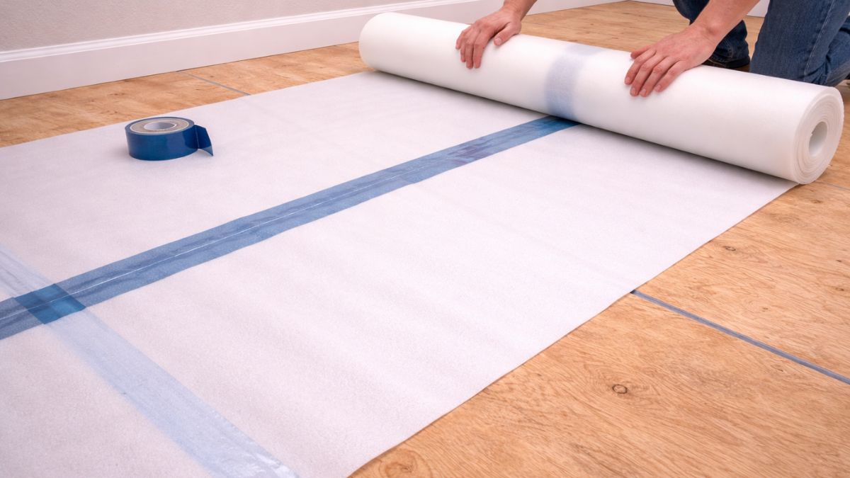 Foam underlayment being rolled out across subfloor before LVP plank installation