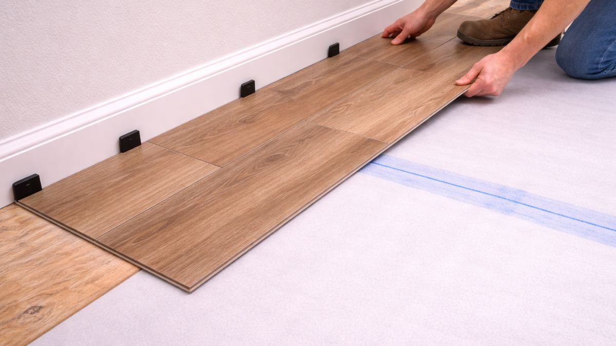 First row of LVP planks being laid along wall with quarter inch spacers in place