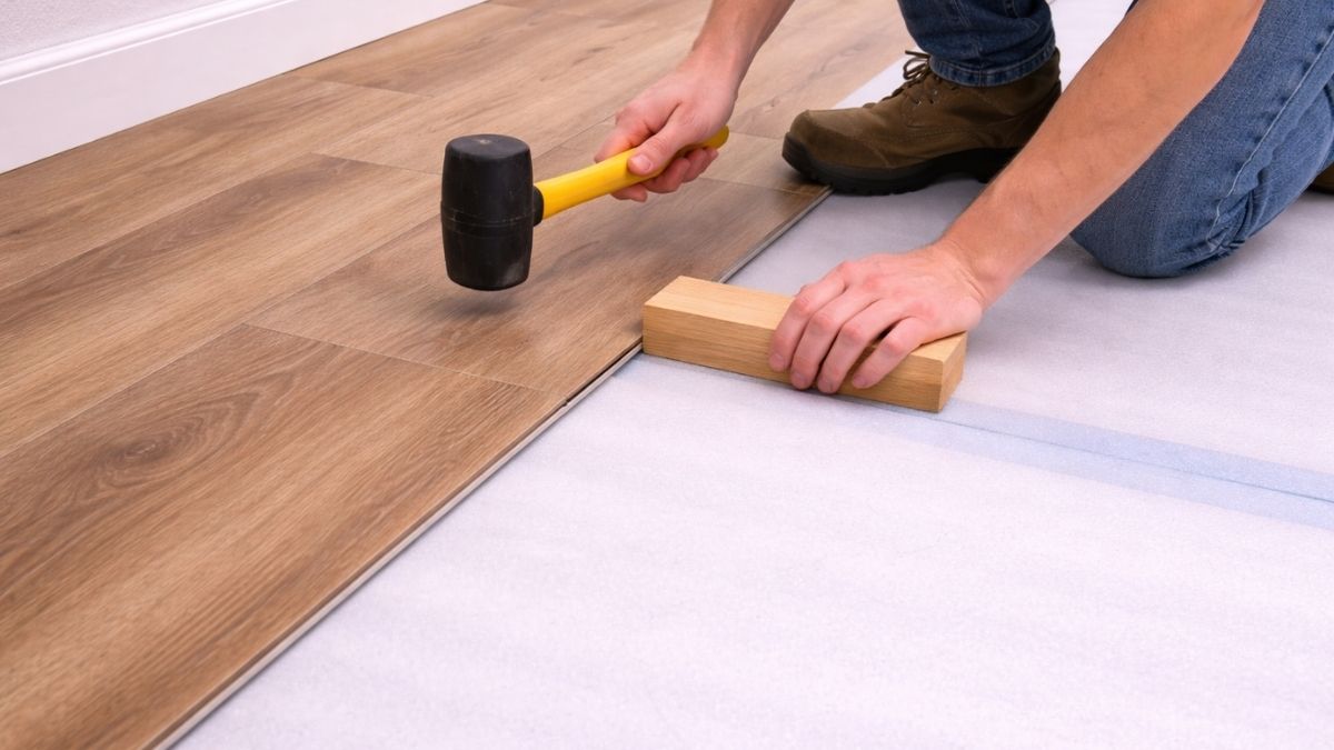 LVP planks being clicked together across main floor area with tapping block and mallet